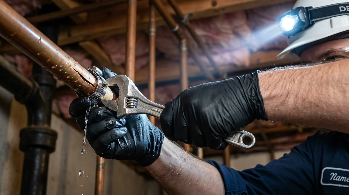 Emergency pipe clamp repair being performed by a Johns Plumbing LLC plumber in Arlington