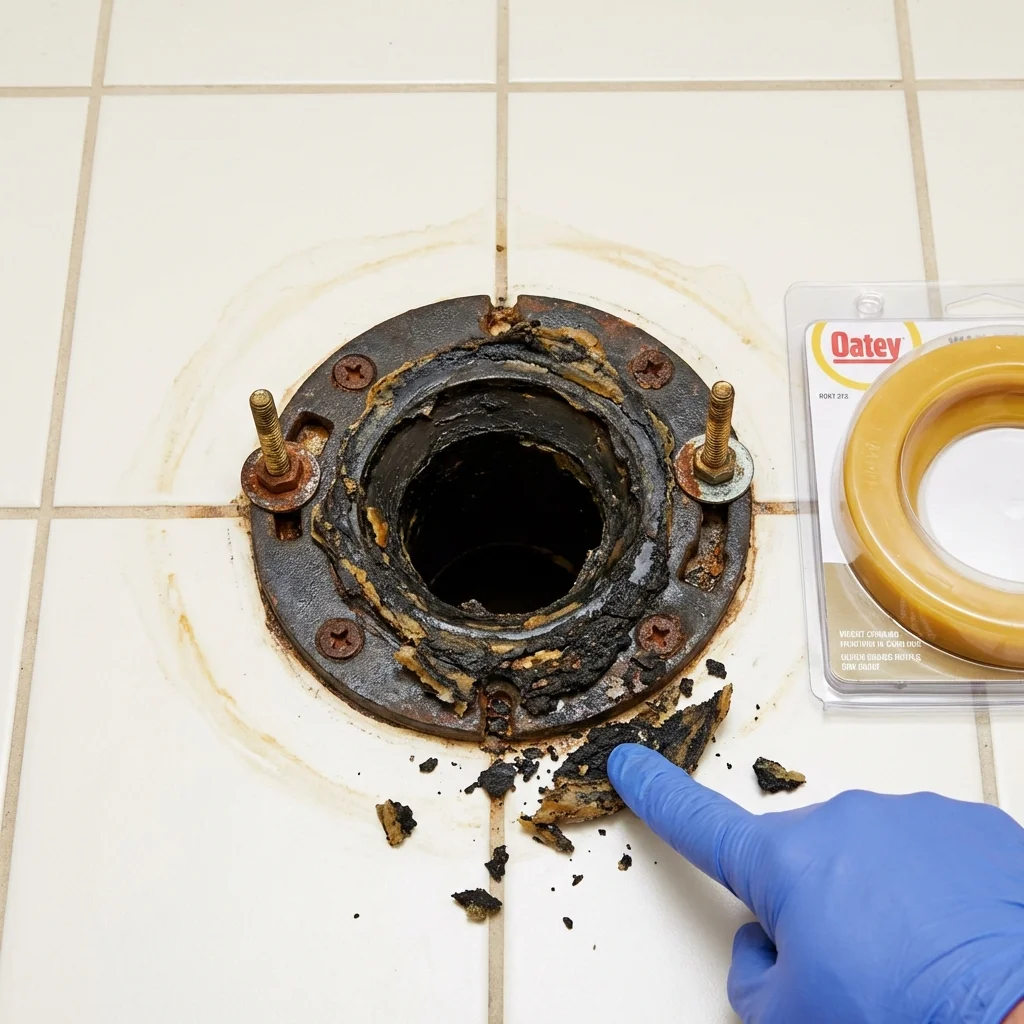 Failed wax ring showing water seepage at the base of a toilet in a Arlington, VA home